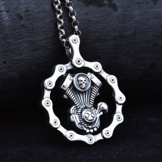 Men's Sterling Silver Bike Engine Pendant Necklace