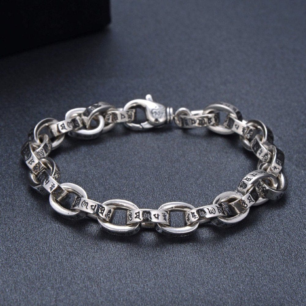 Men's Sterling Silver Six True Words Mantra Oval Link Chain Bracelet