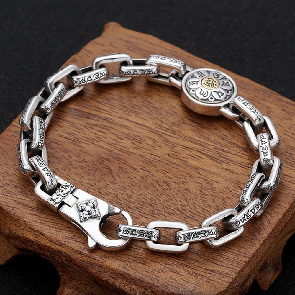 Men's Sterling Silver Six True Words Mantra Rectangle Link Chain Bracelet - Image 2