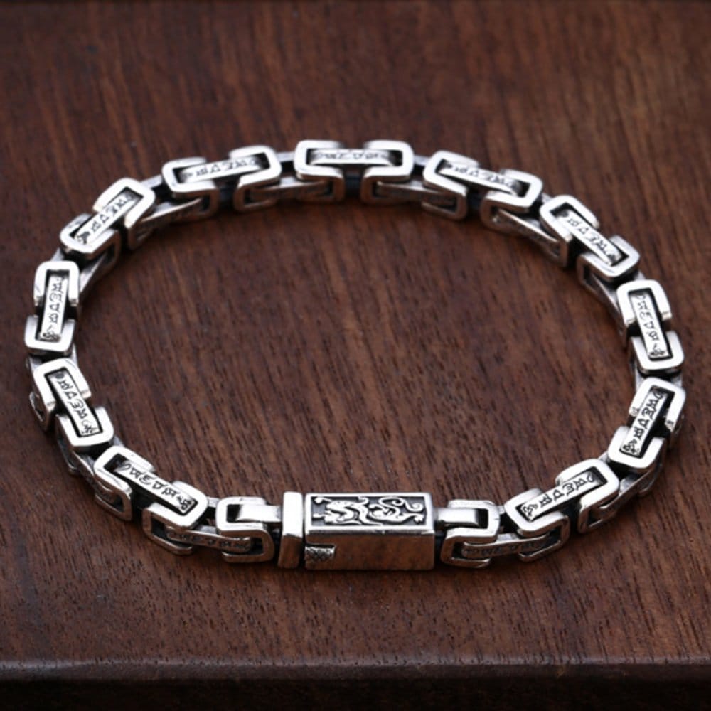 Men's Sterling Silver Six True Words Mantra Square Byzantine Chain Bracelet - Image 2