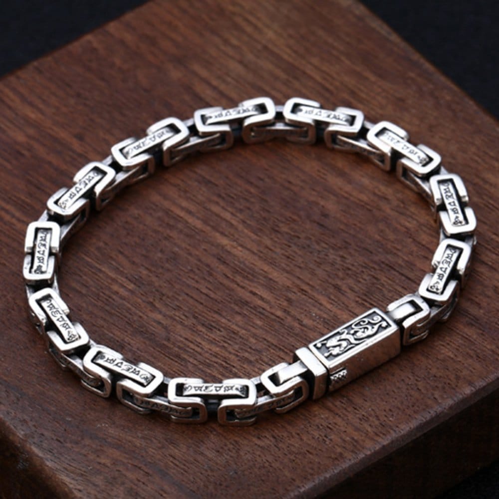 Men's Sterling Silver Six True Words Mantra Square Byzantine Chain Bracelet - Image 6