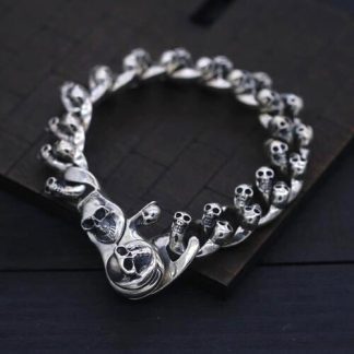 Men's Sterling Silver Skulls Curb Chain Bracelet