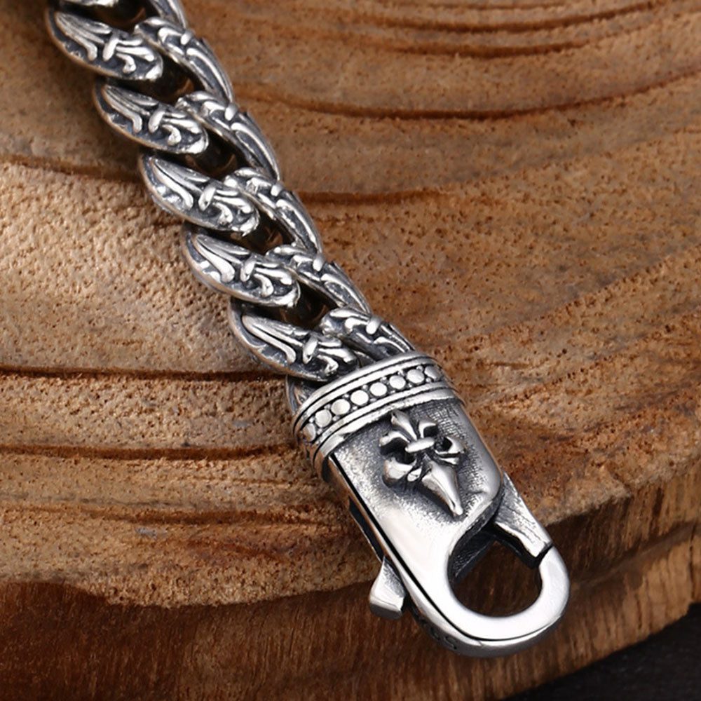 Sterling Silver Fleur de Lis Cuban Chain Bracelet for Men - Image 2