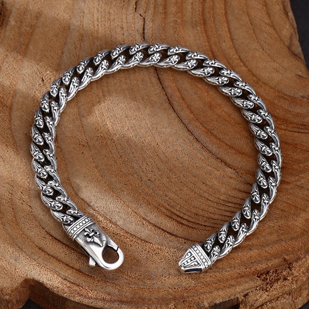 Sterling Silver Fleur de Lis Cuban Chain Bracelet for Men - Image 3