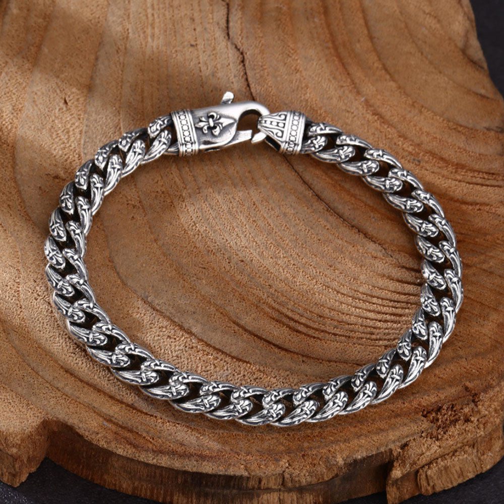 Sterling Silver Fleur de Lis Cuban Chain Bracelet for Men - Image 4