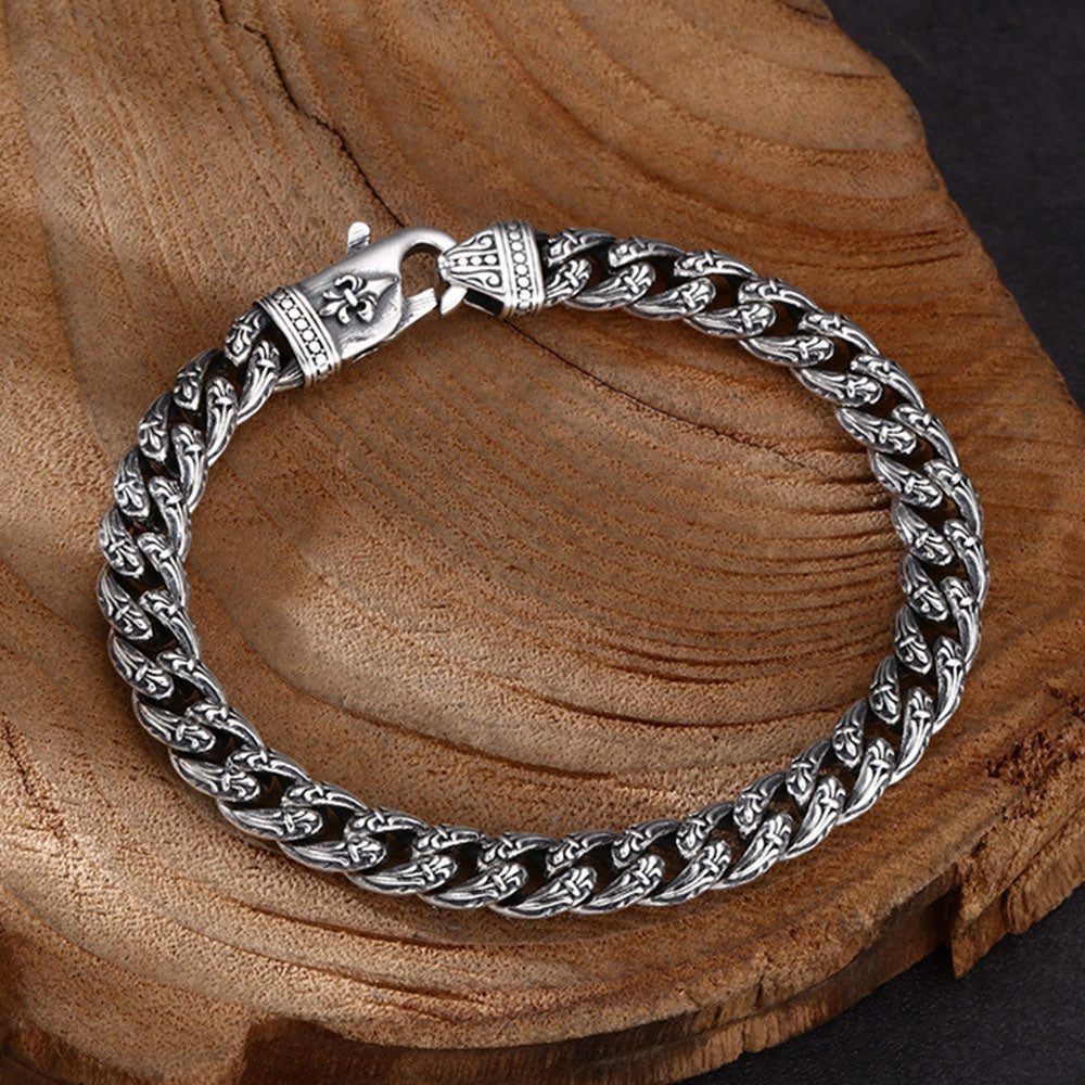 Sterling Silver Fleur de Lis Cuban Chain Bracelet for Men - Image 6