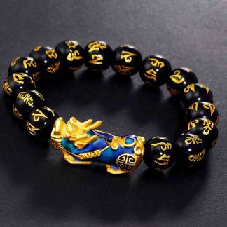 Pixiu Mani Mantra Black Obsidian Abundance Bracelet